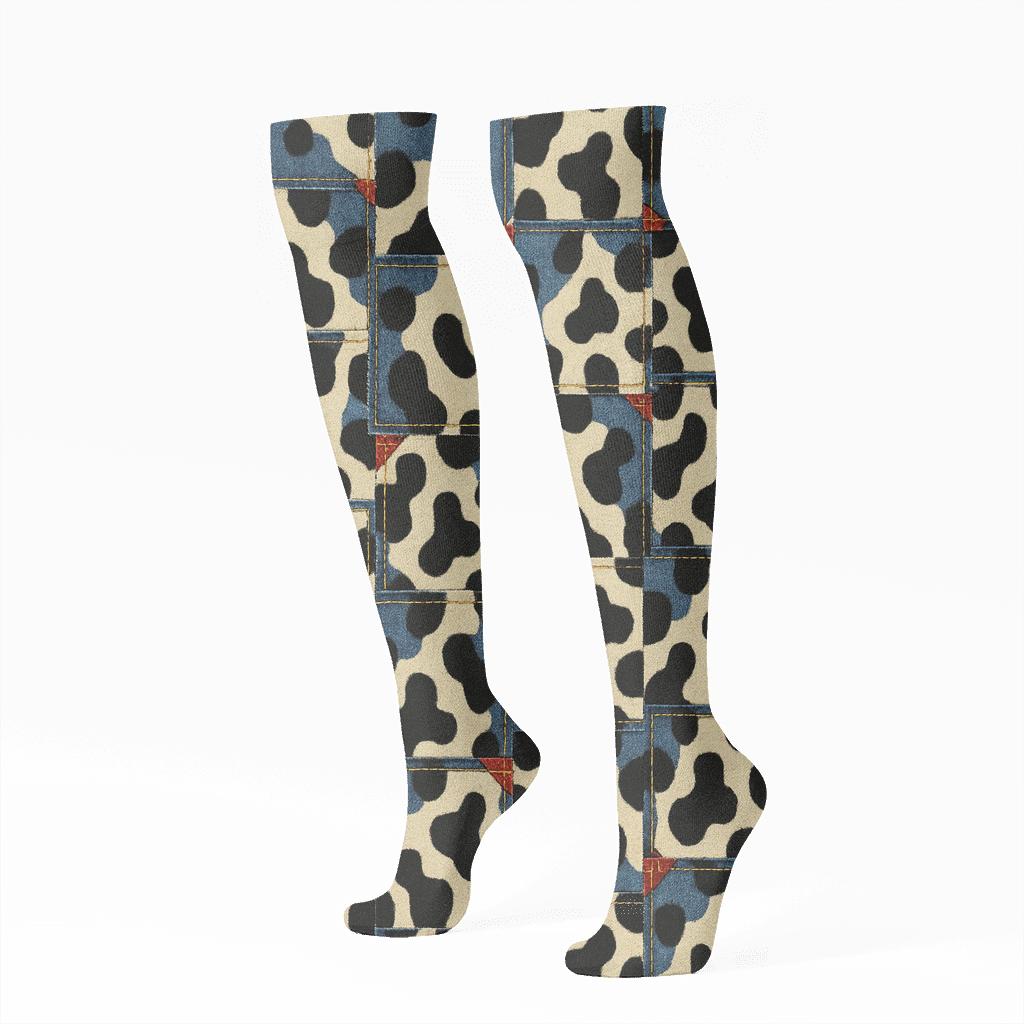 Denim Patchwork Cow Spot Overlay personalized knee-high socks