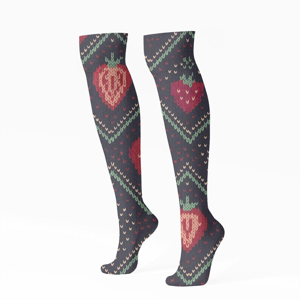 Knitted Strawberry Seed Chevron unique graphic knee-high socks