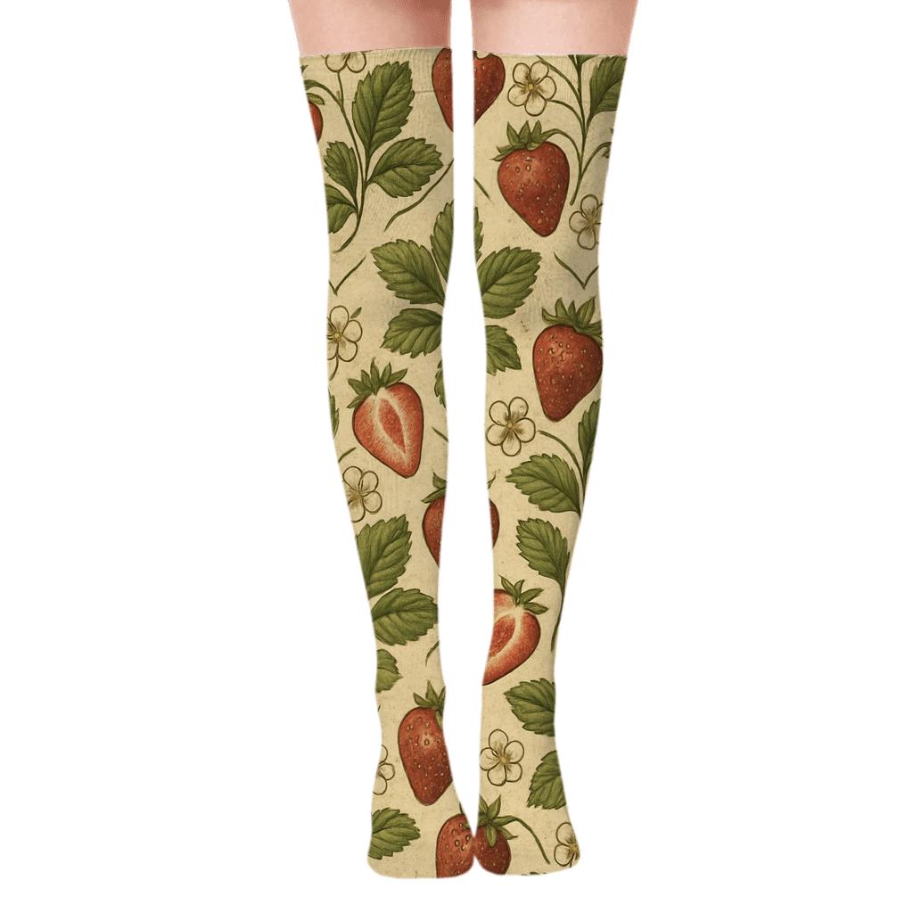 Vintage Strawberry Herbarium Mirror Tiles personalized over-the-knee socks