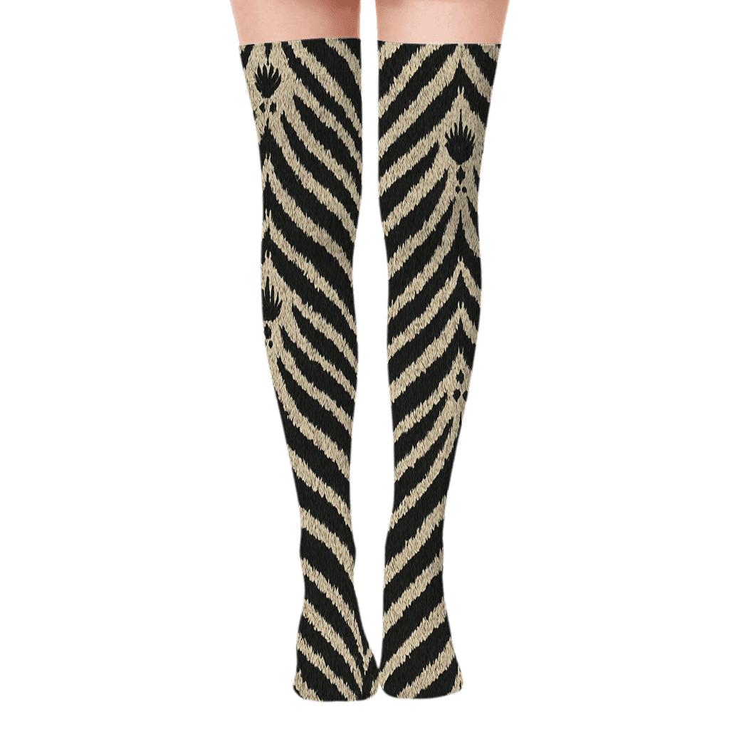 Knitted Zebra Chevron Weave On Warm Cream comfortable cotton over-the-knee socks