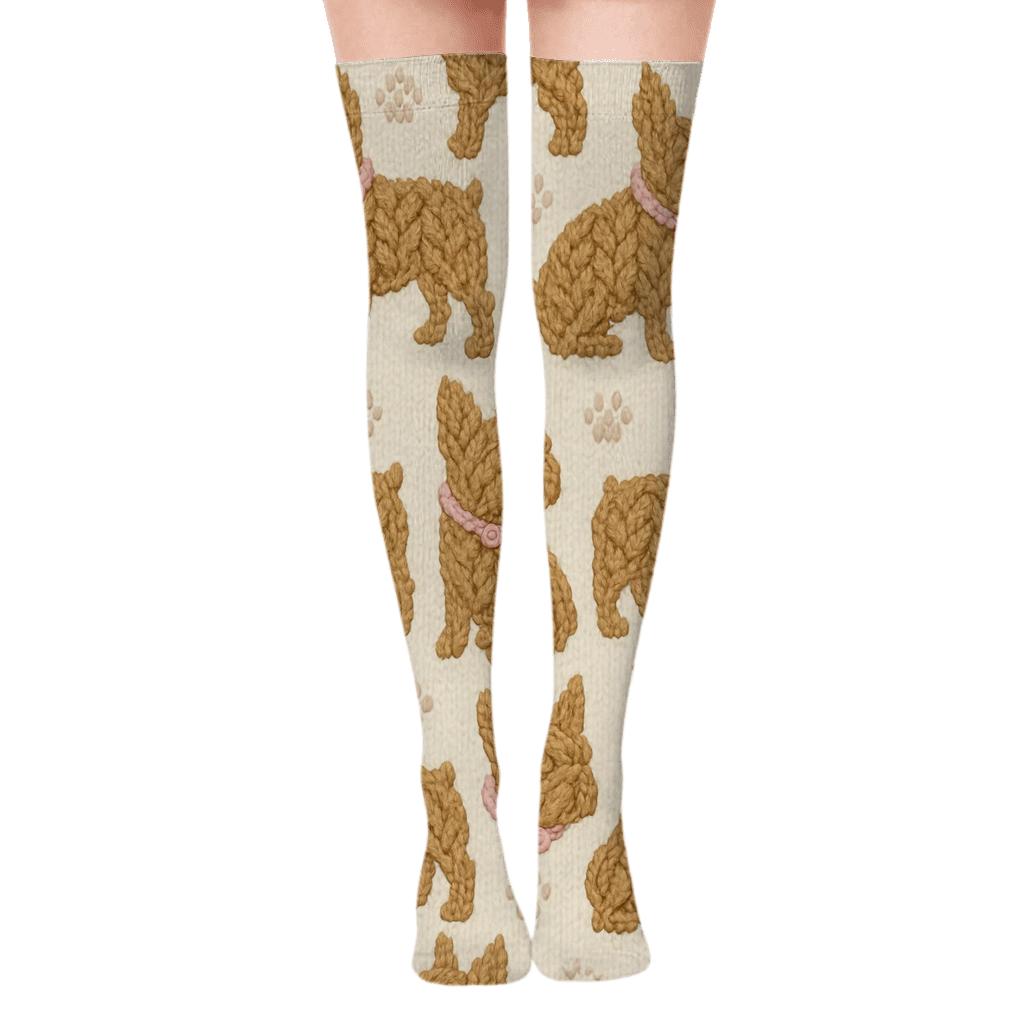 French Bulldog Cable Knit Tile With Collar Buttons soft everyday over-the-knee socks