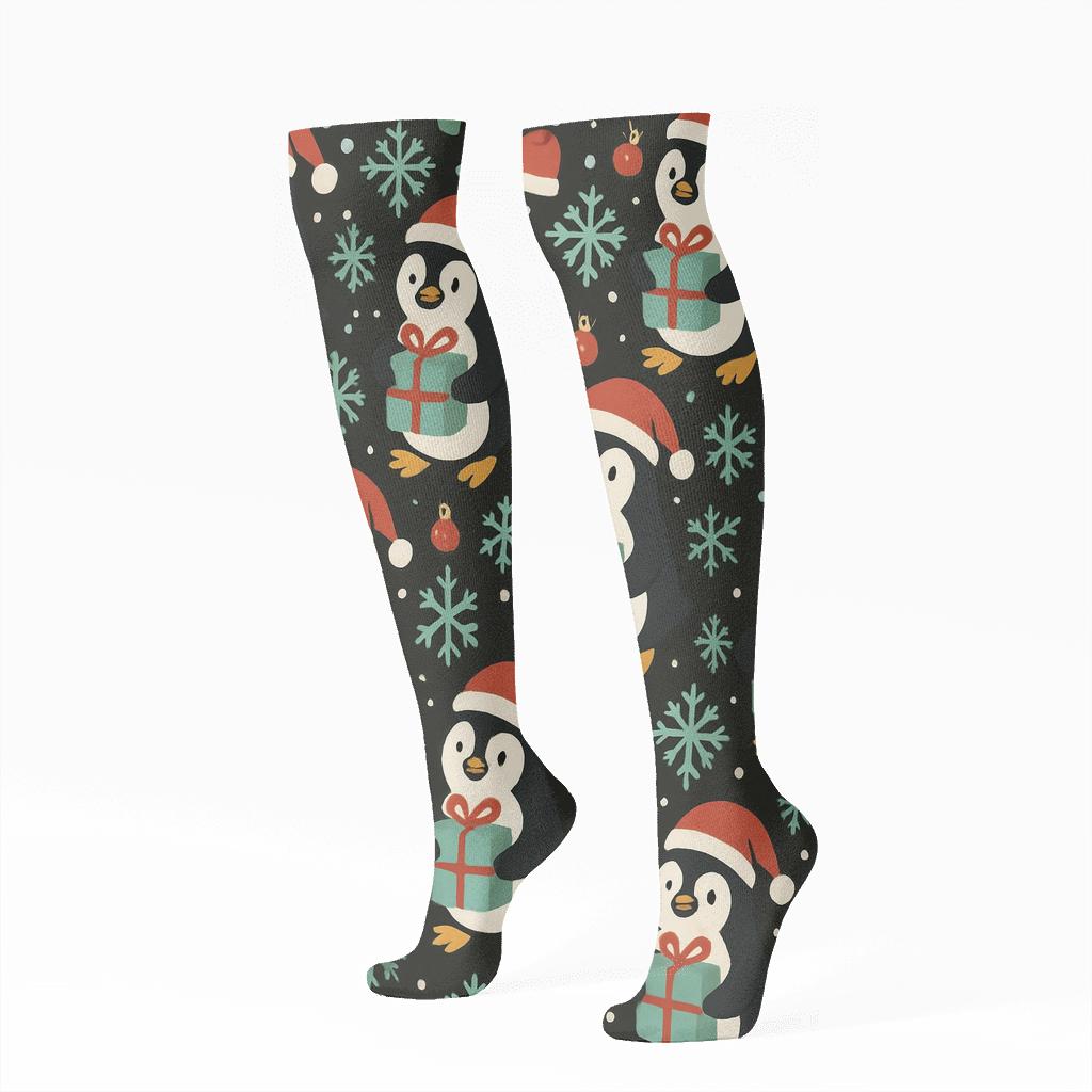 Mint Penguin Gift Box Diagonal March On Black Background premium sports knee-high socks