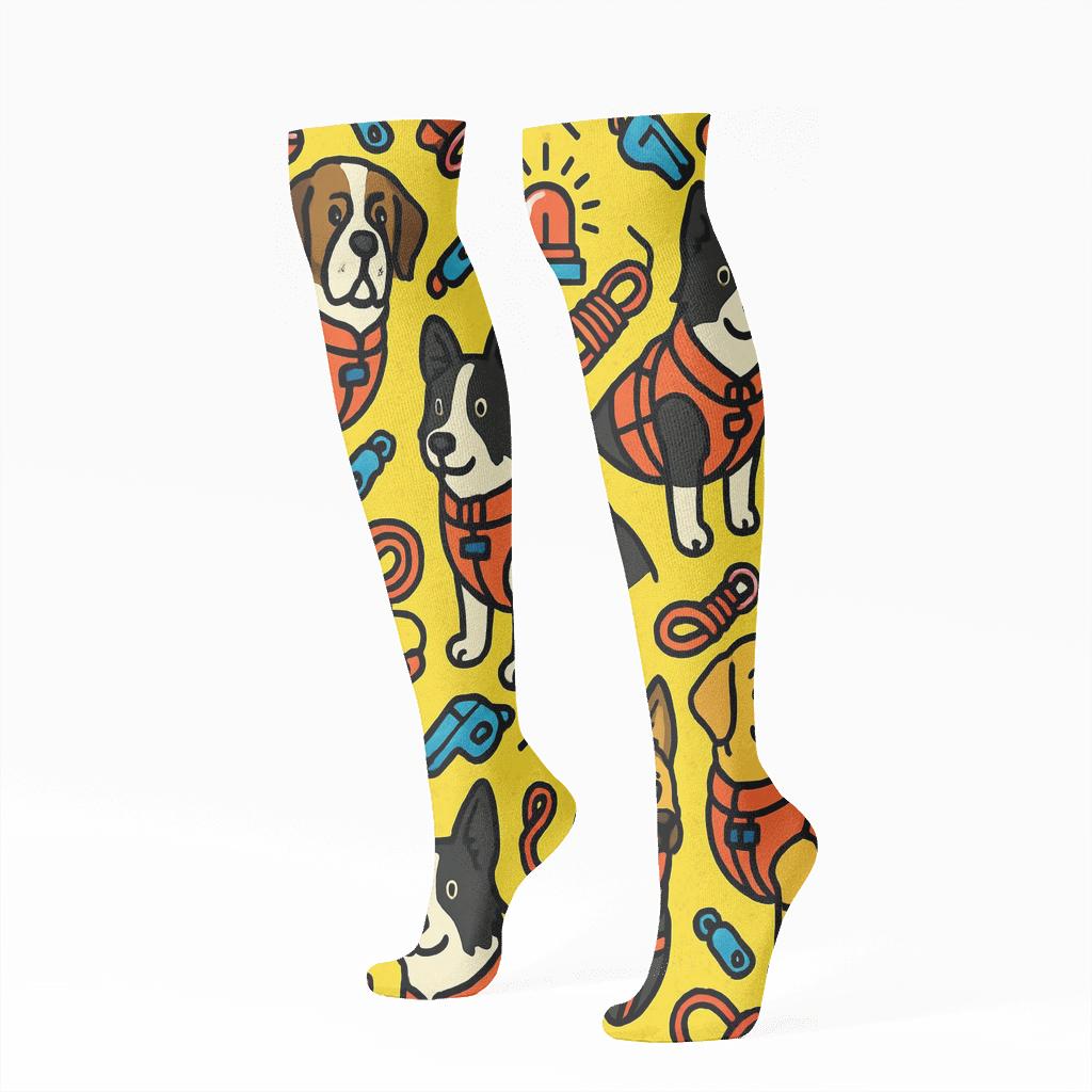 Rescue Dog Chevron Field In Bold Cartoon Illustration Rescue Worker comfortable cotton knee-high socks