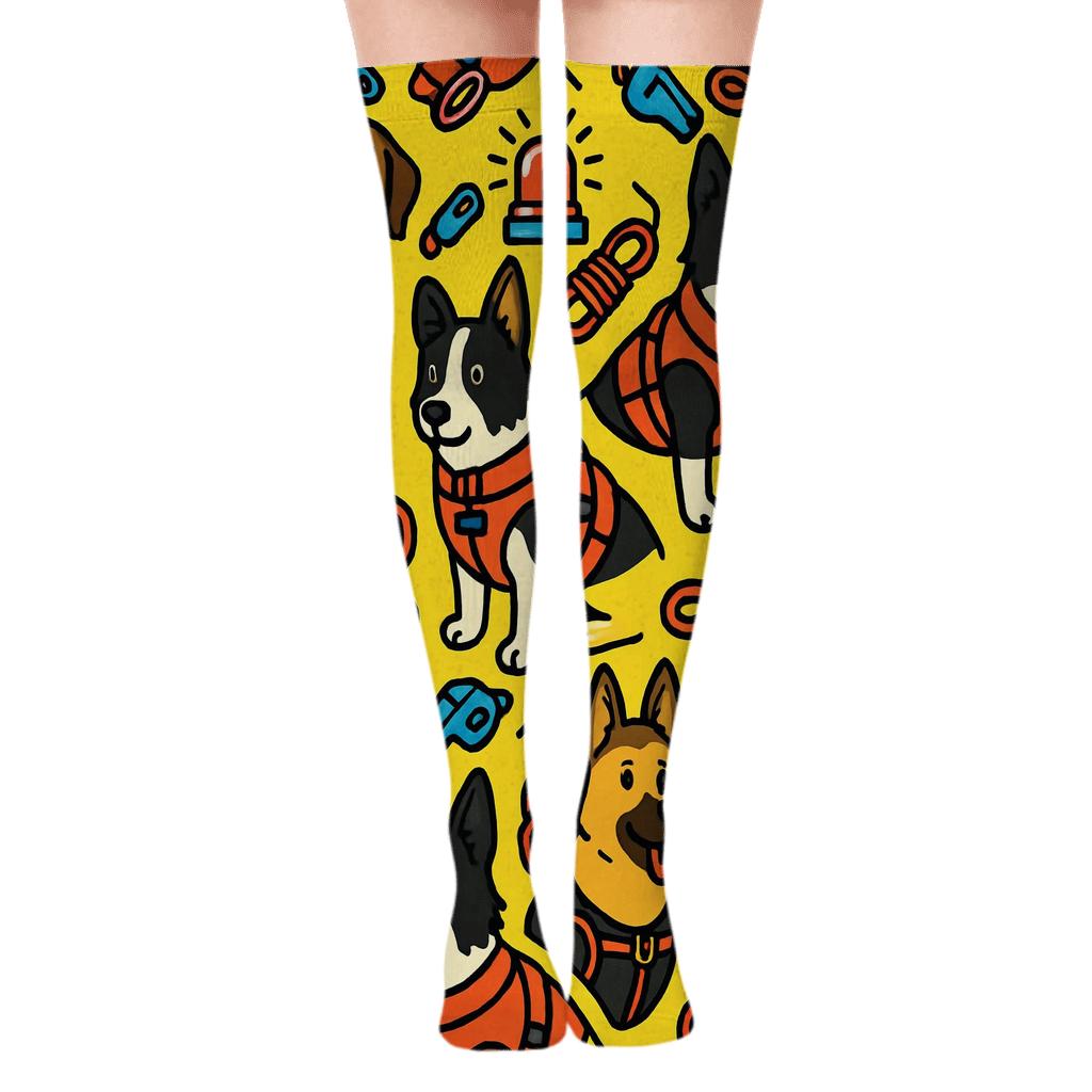 Rescue Dog Chevron Field In Bold Cartoon Illustration Rescue Worker unique graphic over-the-knee socks