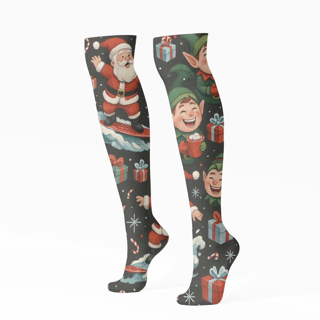 Santa Surfing Holiday Collage Repeat comfortable cotton knee-high socks
