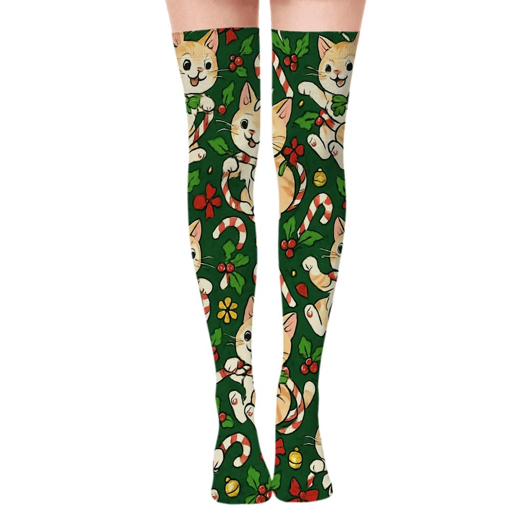 Candy Cane Kittens Chevron On Pine Green Background custom over-the-knee socks