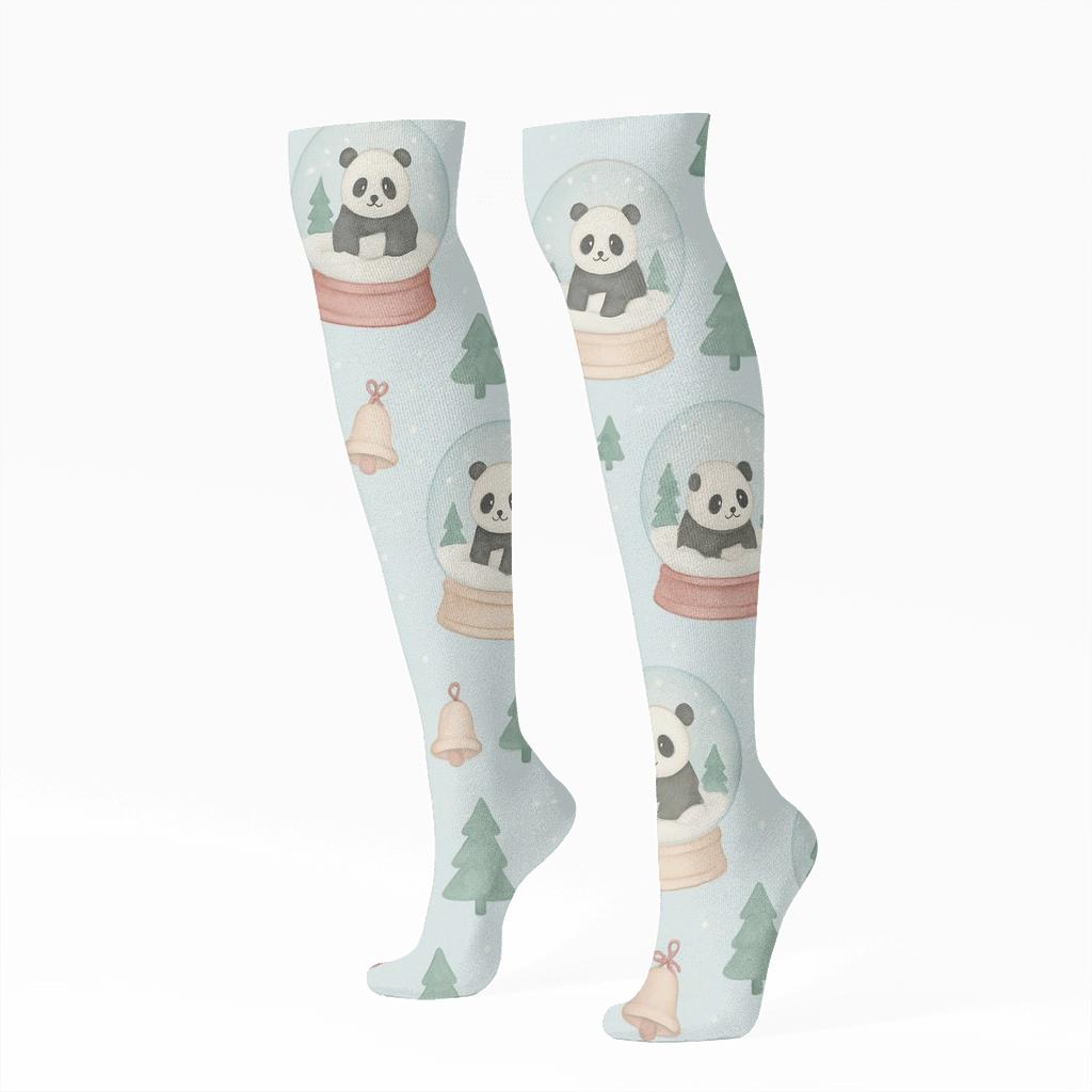 Pastel Panda Snow Globe Scatter On Pale Blue Background custom knee-high socks