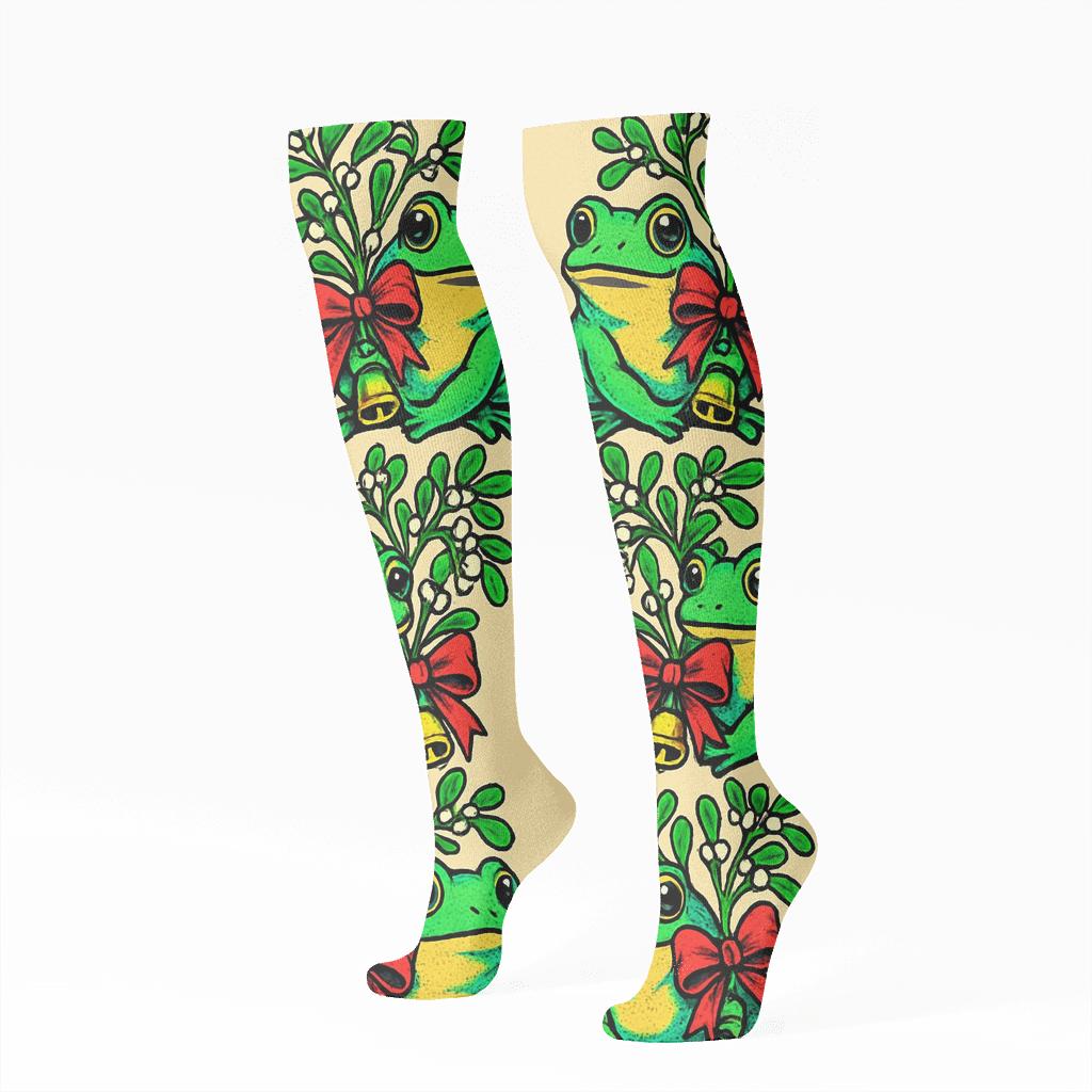 Frog Mistletoe Mirror Pairs On Beige Background soft everyday knee-high socks