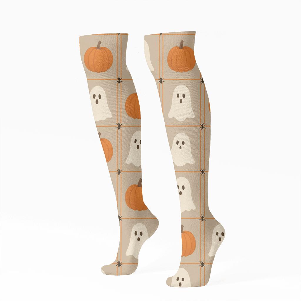 Orange Pumpkin And Ghost Alternating Tile On Proper Neutral Background personalized knee-high socks