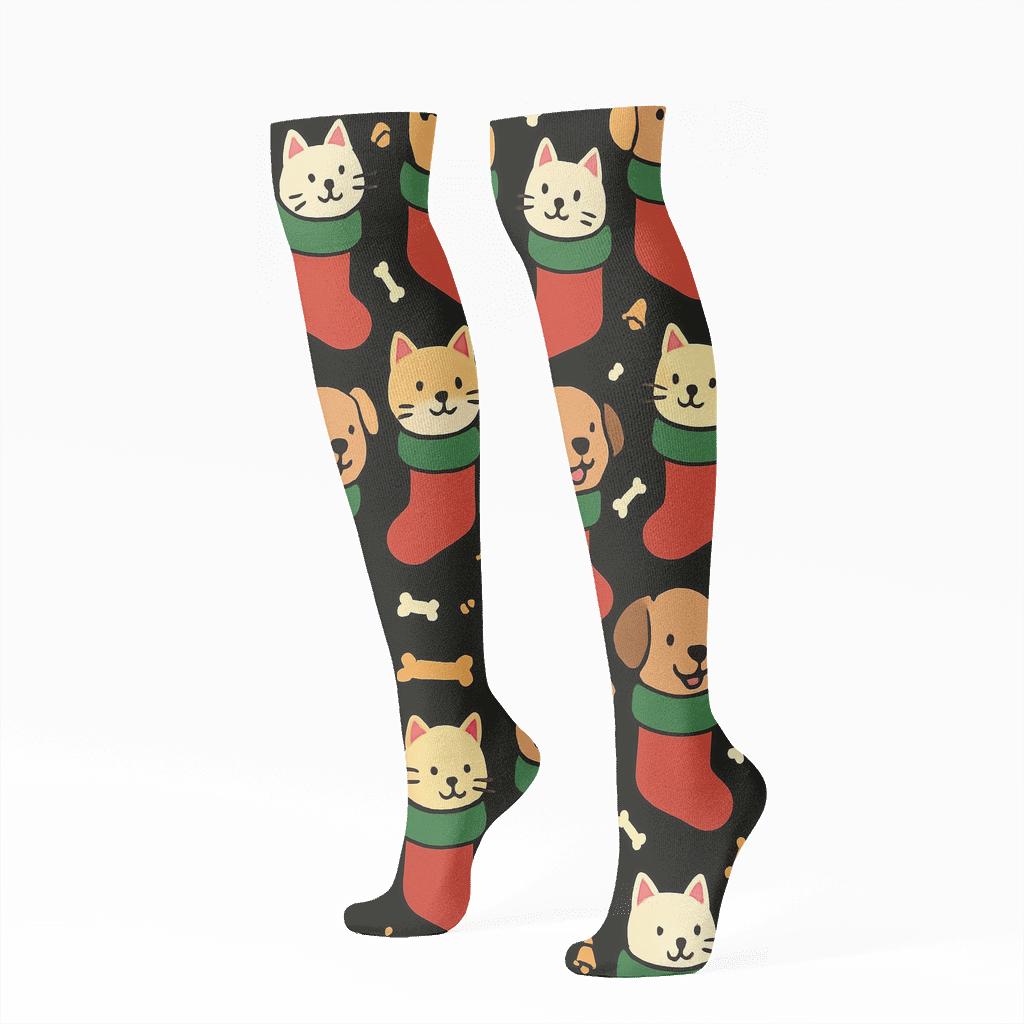 Holiday Pets In Stockings On Black soft everyday knee-high socks