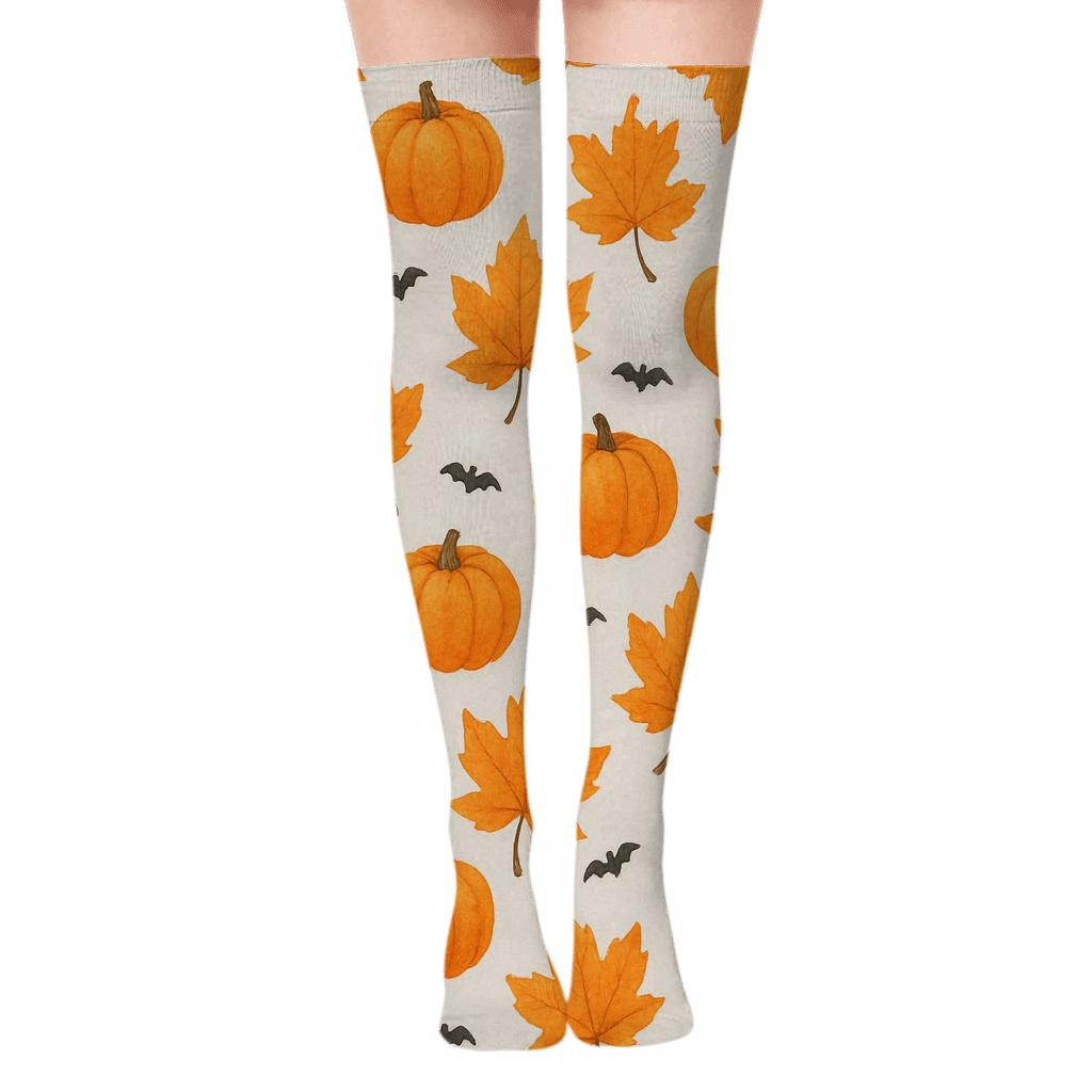 Orange Autumn Leaf And Pumpkin Scatter On Proper Background unique graphic over-the-knee socks