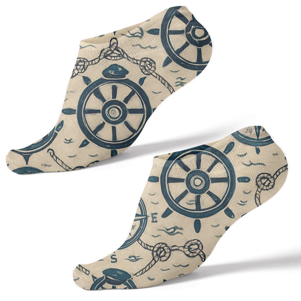 Ship captain Wheel and Compass Rosette Tessellation Ankle Length Socks