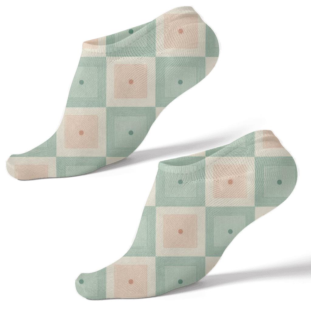 Pastel Gingham Block Checks With Concentric Square Insets On Cream personalized ankle socks