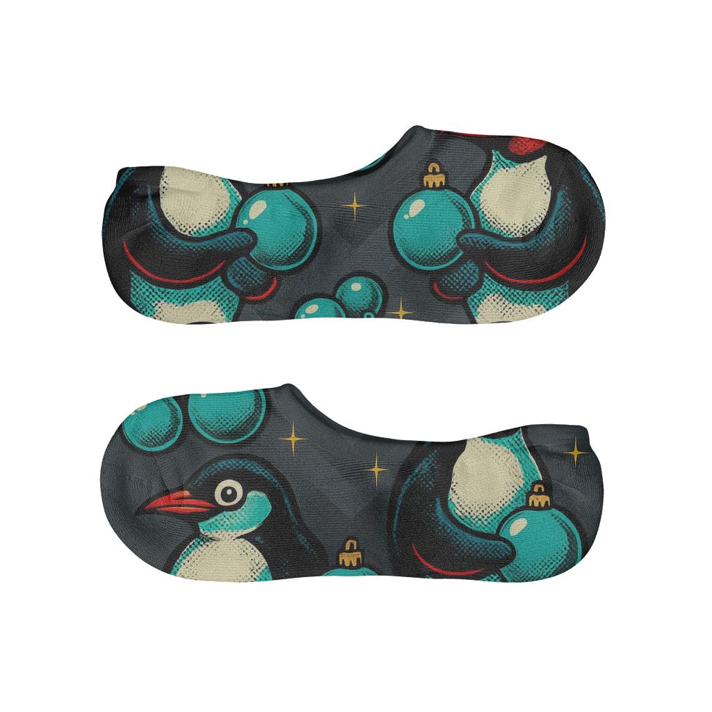 Teal Ornament Penguin Chevron On Charcoal Background breathable no-show socks