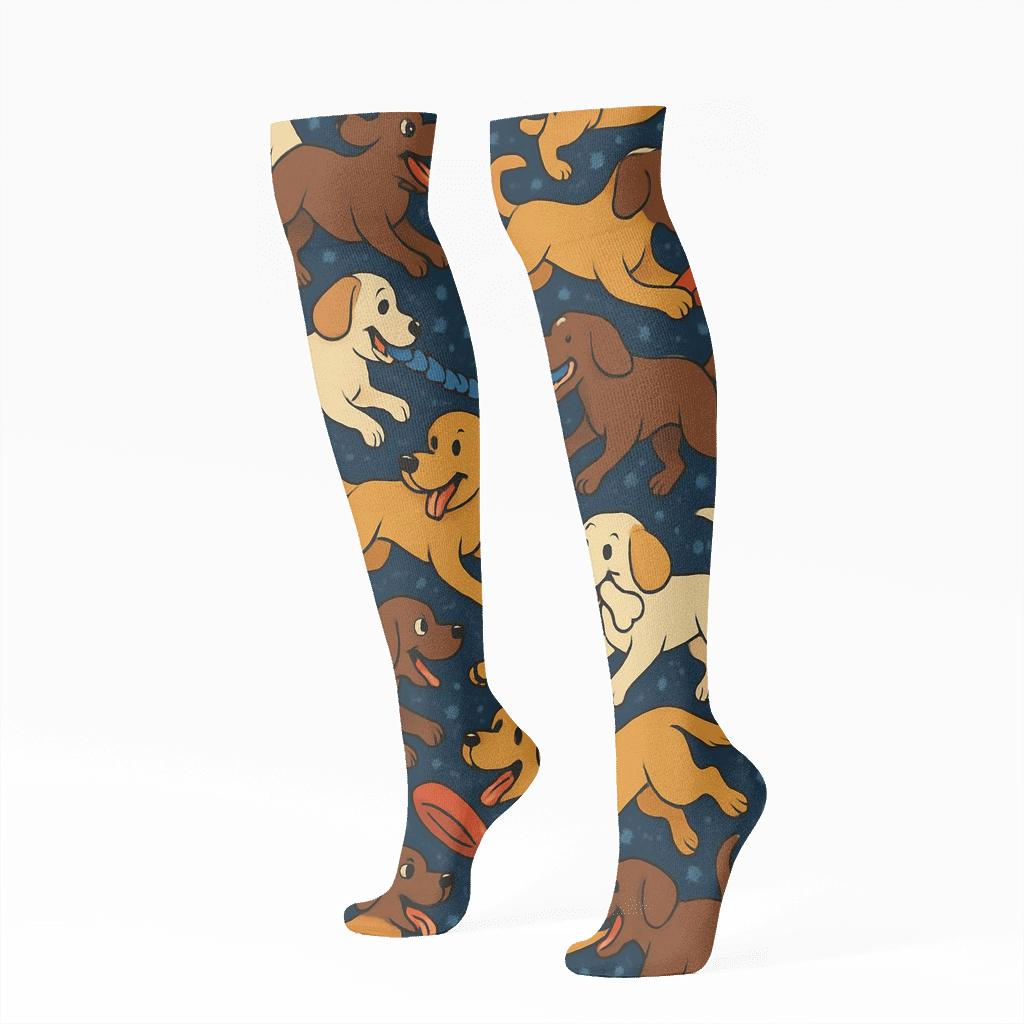 Dog Park Party Tessellation On Midnight Navy soft everyday knee-high socks