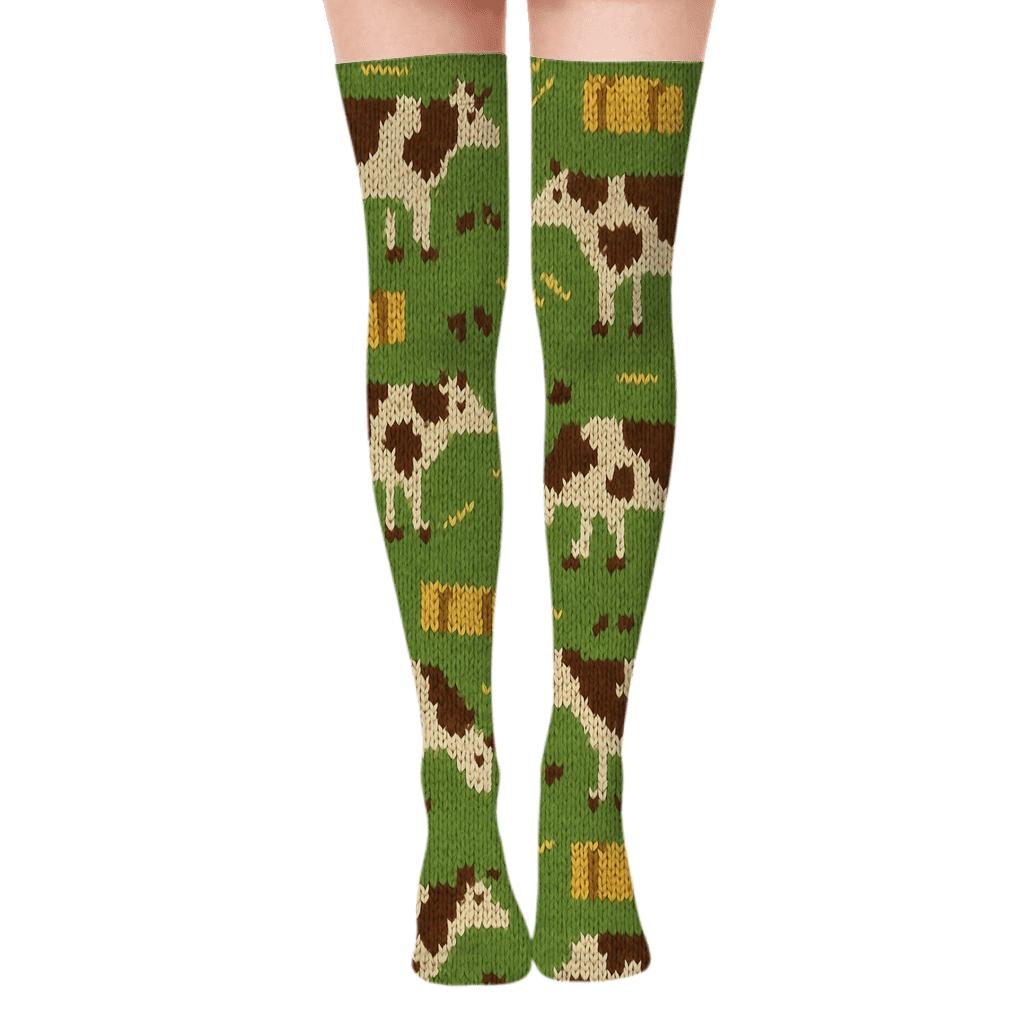 Knitted Pasture Illusion Cow Motif designer print over-the-knee socks