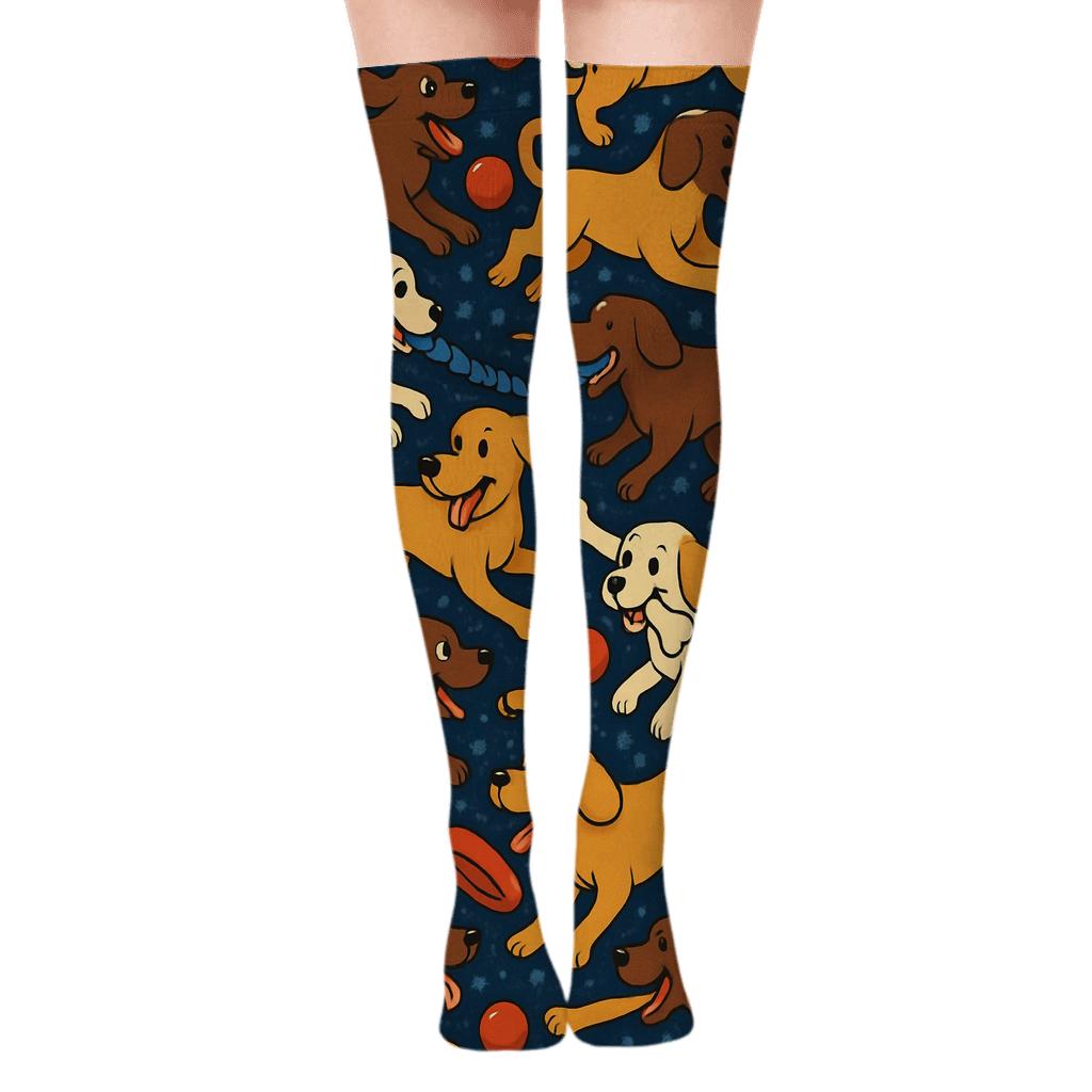 Dog Park Party Tessellation On Midnight Navy comfortable cotton over-the-knee socks