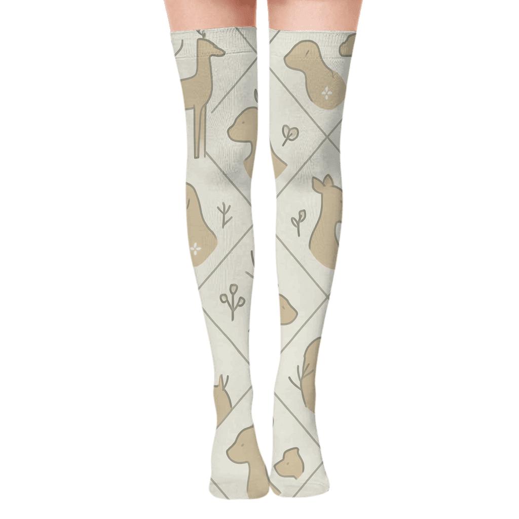 Botanical Tile With Deer In Minimal Linework unique graphic over-the-knee socks