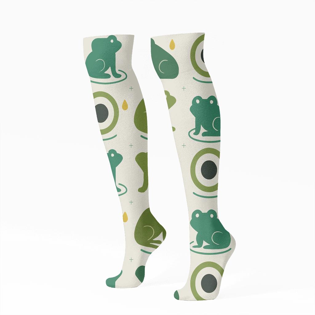 Pond Minimal Grid With Frog Silhouettes designer print knee-high socks