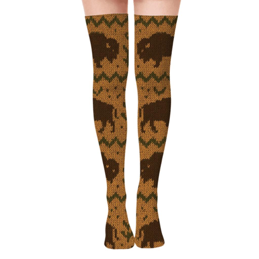 Prairie Knit Illusion With Bison Motifs unique graphic over-the-knee socks