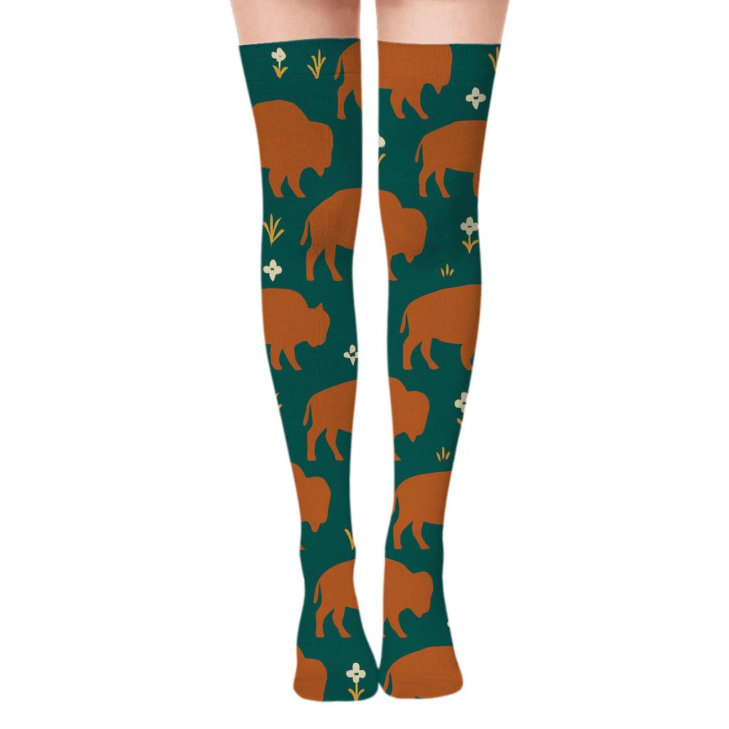 Sunset Tile Pattern, Bison Silhouette trendy patterned over-the-knee socks