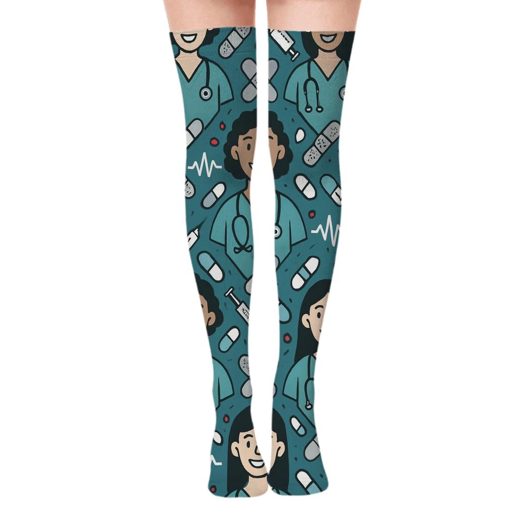Nurse-Shift Celebration Patchwork unique graphic over-the-knee socks
