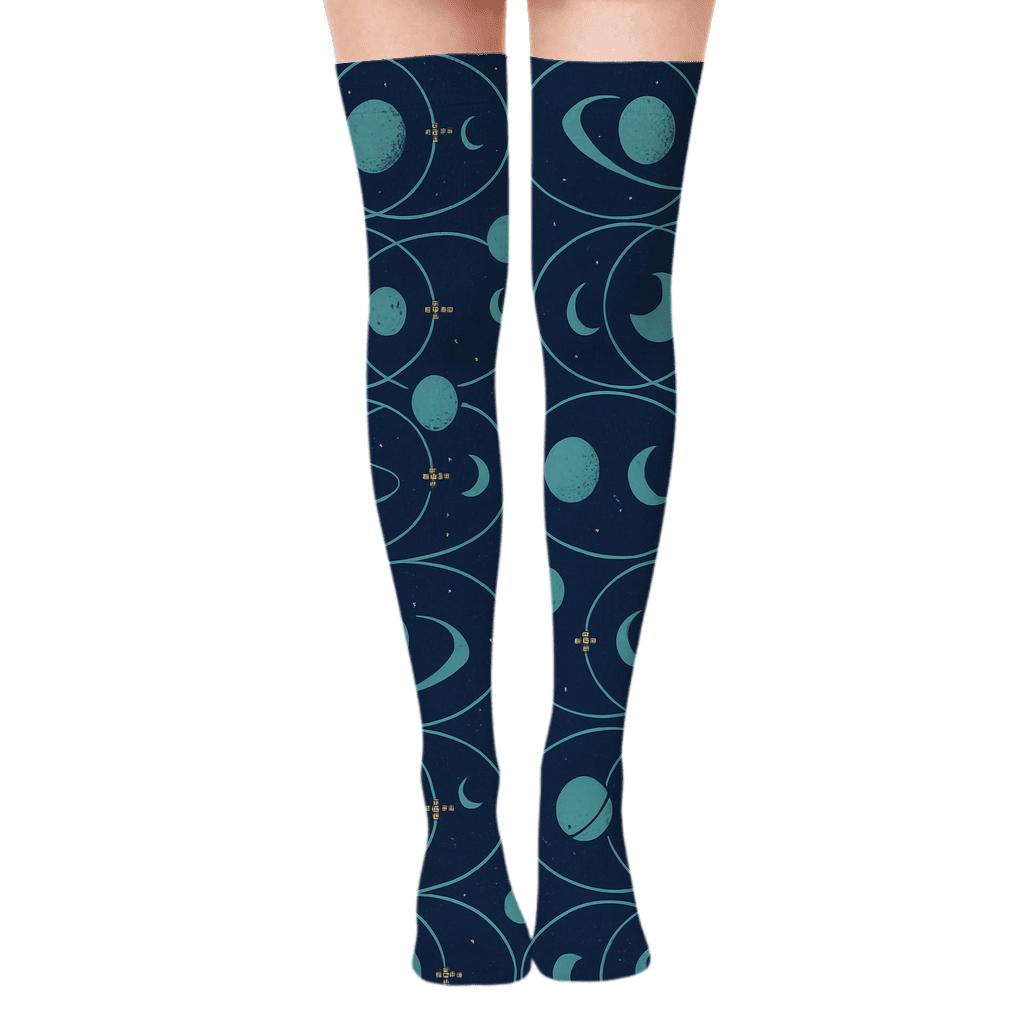 Ion Teal Orbital Band Tessellation On Deep Navy personalized over-the-knee socks