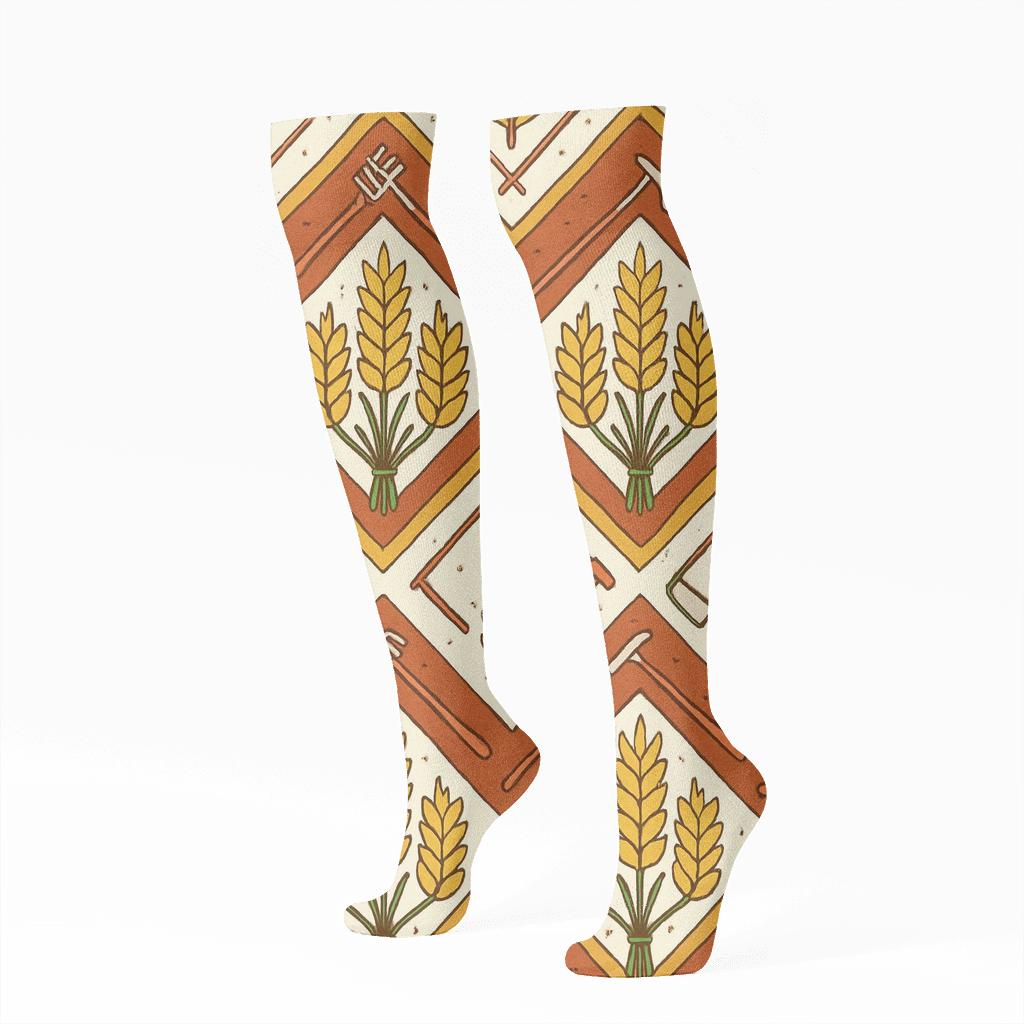 Wheat Chevron And Tool Icons, Farmer Edition stylish athletic knee-high socks