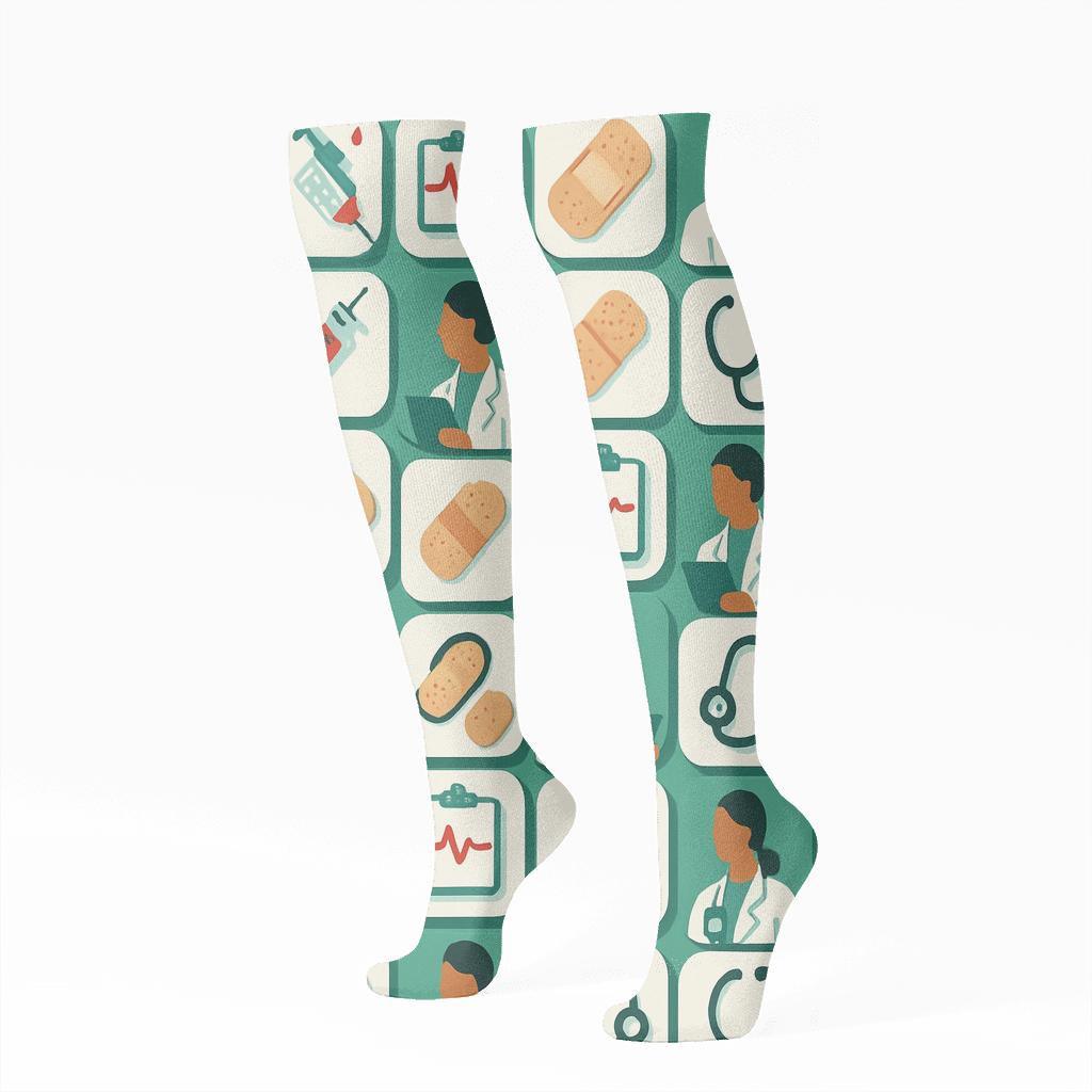 Clinic Collage Tiles With Doctor Icons trendy patterned knee-high socks