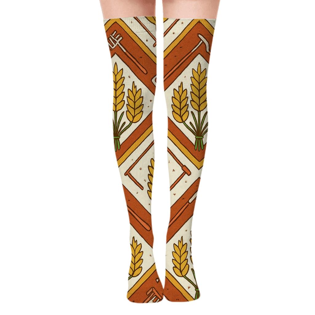 Wheat Chevron And Tool Icons, Farmer Edition designer print over-the-knee socks