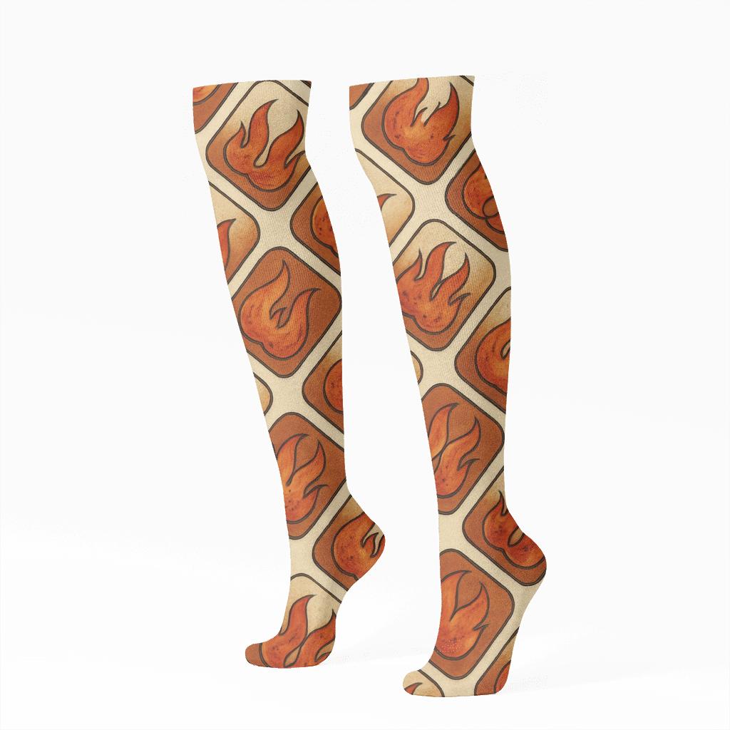 Vintage Matchbox Flame Tile On Warm Ivory designer print knee-high socks