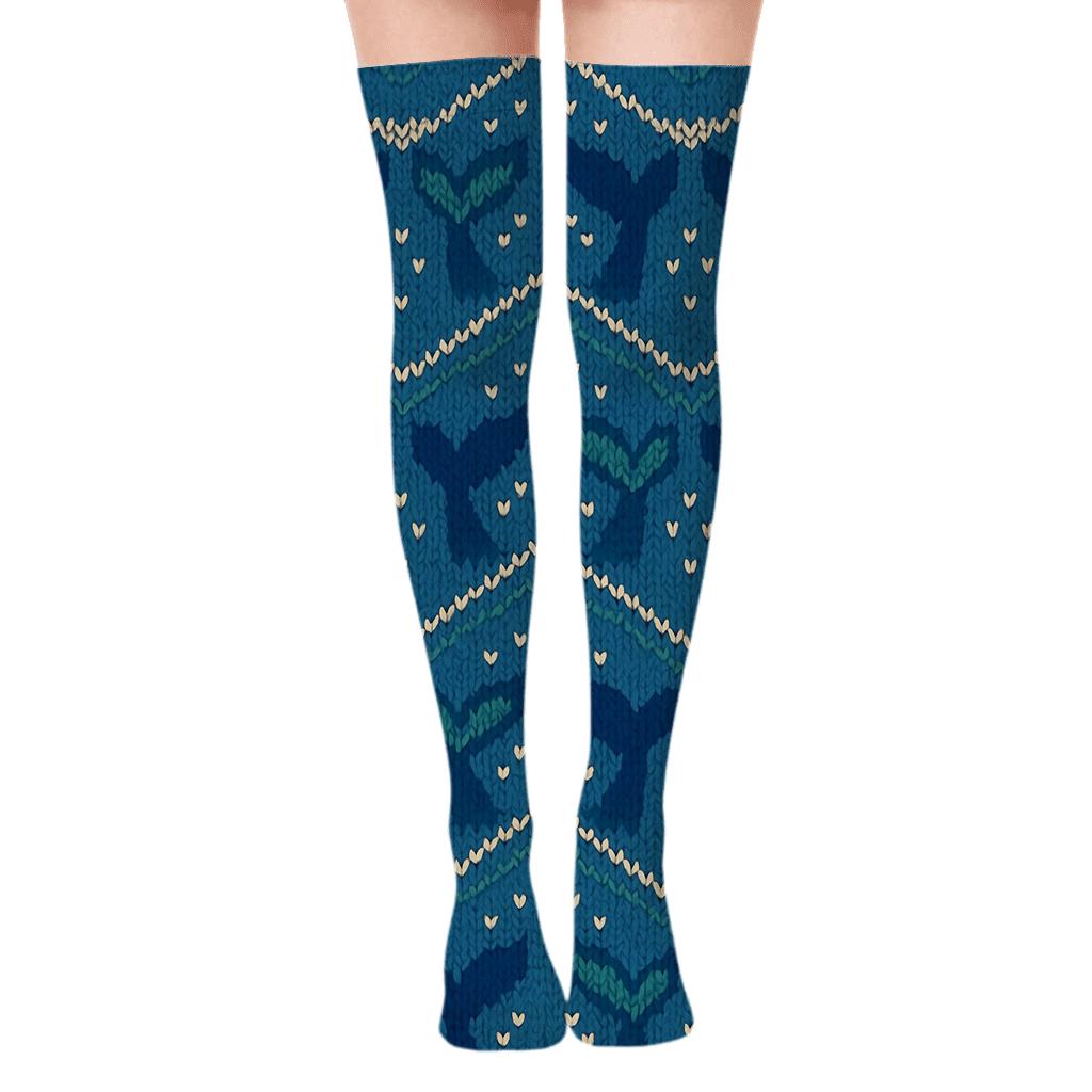 Dolphin Tail Chevron Knit Illusion designer print over-the-knee socks