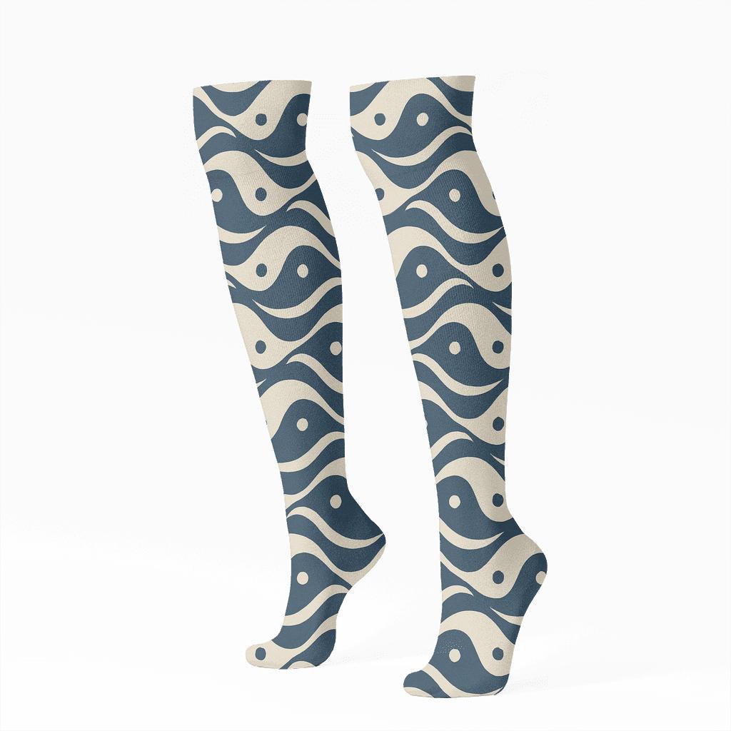 Indigo Wave Band Yin Yang Teardrop Stripe designer print knee-high socks
