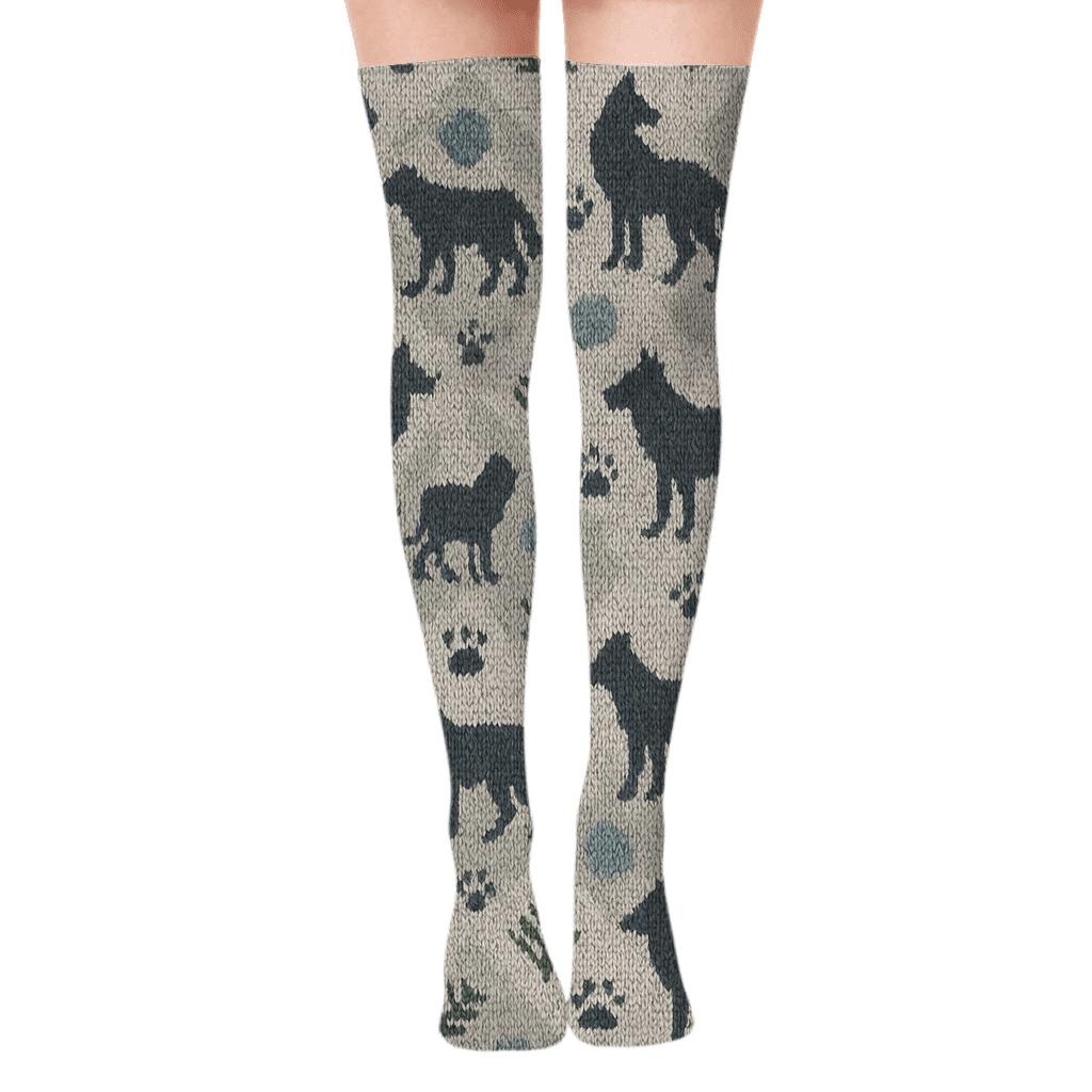 Knitted Illusion Gray Wolf Pack Fair Isle personalized over-the-knee socks