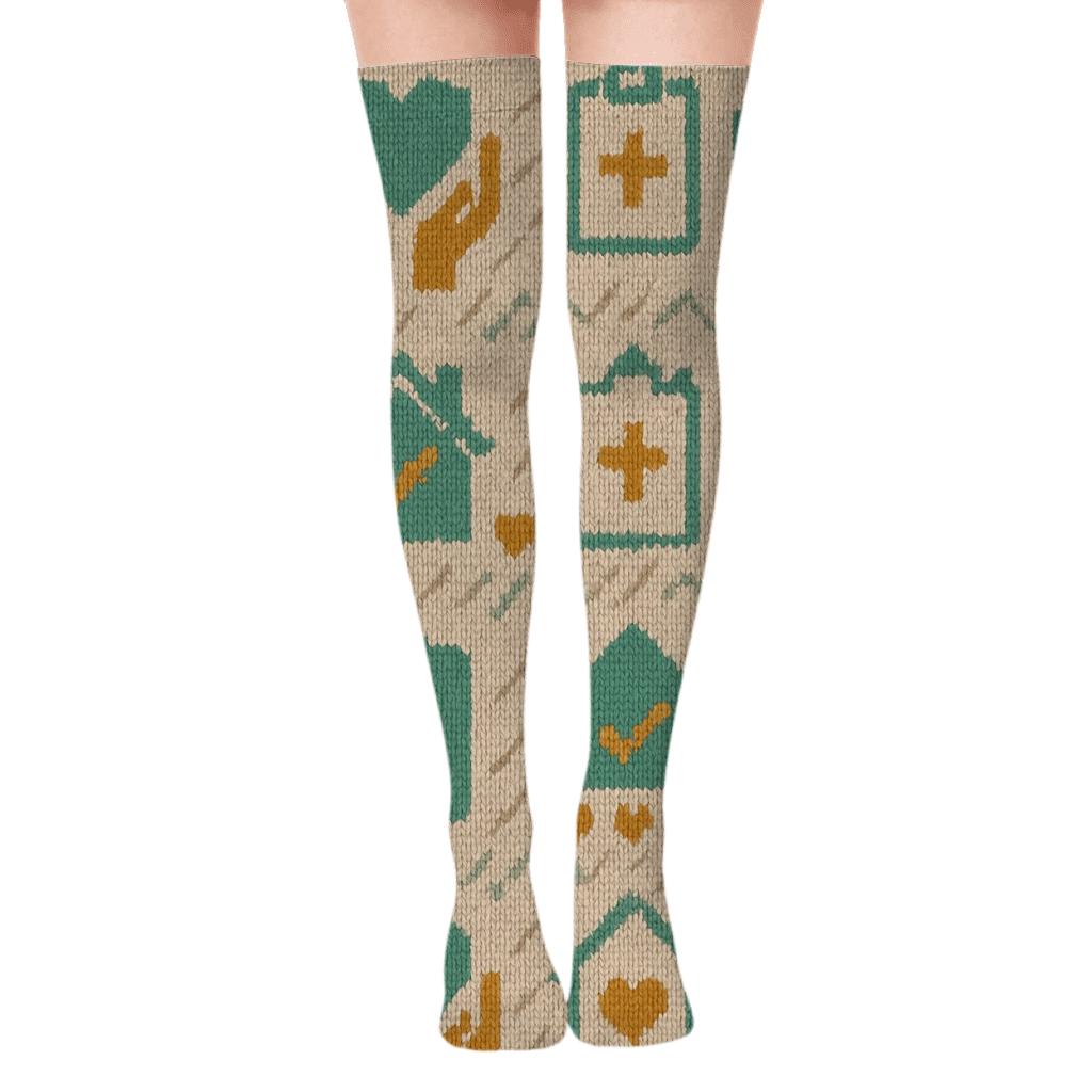 Knitted Pattern Illusion With Social Worker Outreach Icons designer print over-the-knee socks