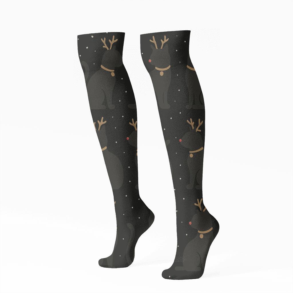 Minimal Reindeer Cat Silhouette Grid On Black Background stylish athletic knee-high socks