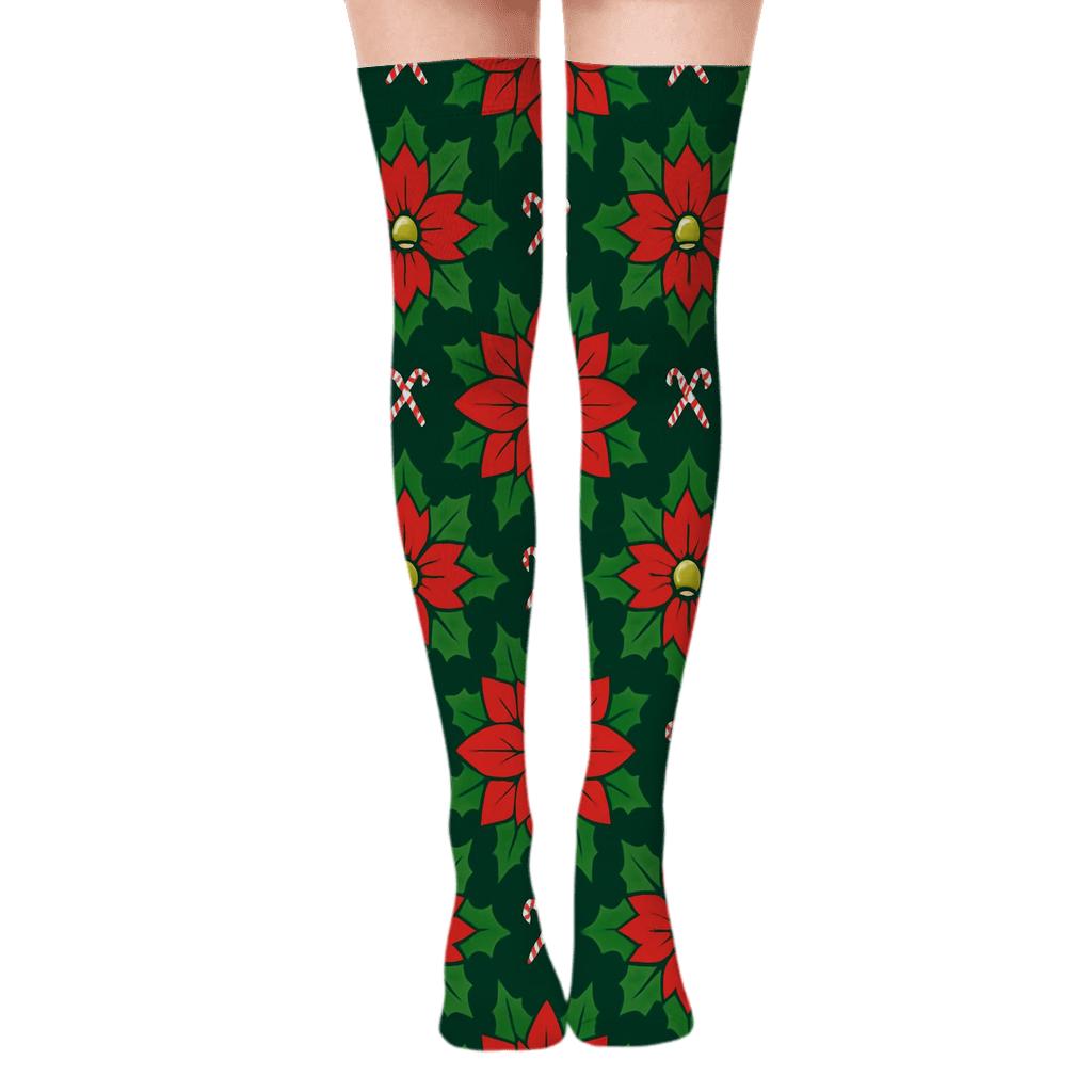 Crimson Poinsettia Rose Lattice On Midnight Green Background designer print over-the-knee socks