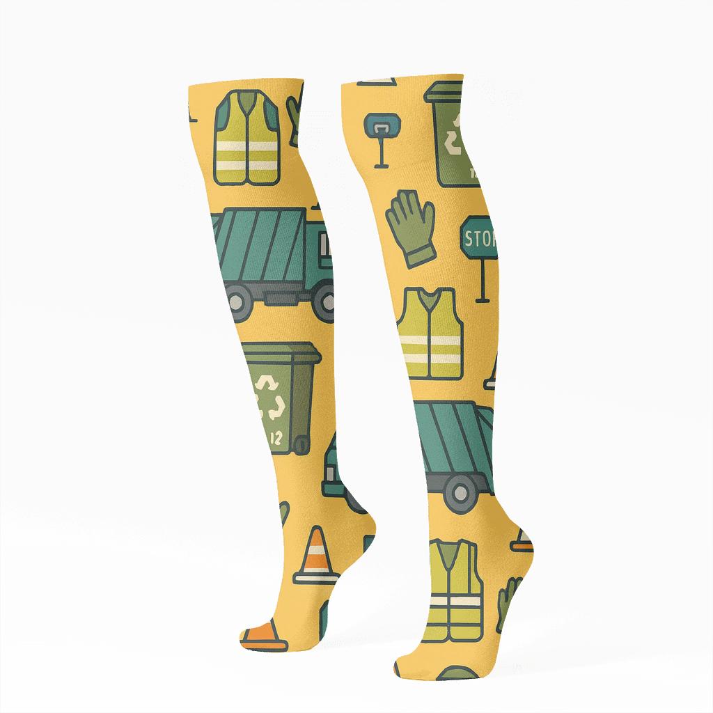Sunflower Yellow Sanitation Worker Truck Tile Grid comfortable cotton knee-high socks
