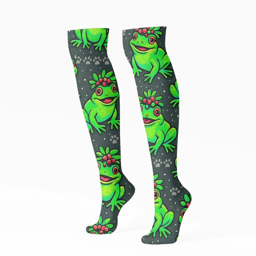 Mistletoe Frog Scatter With Paw Print Bands On Charcoal Background stylish athletic knee-high socks