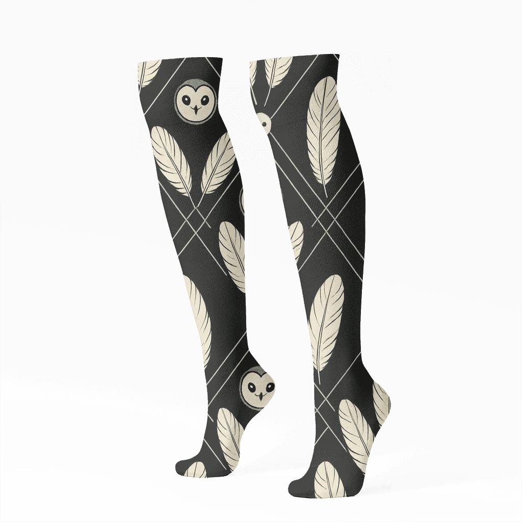 Snowy Owl Feather Lattice On Black Background comfortable cotton knee-high socks