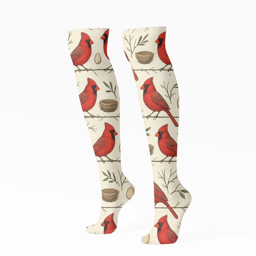 Cardinal Branch Banded Border Repeat On Ivory Background trendy patterned knee-high socks