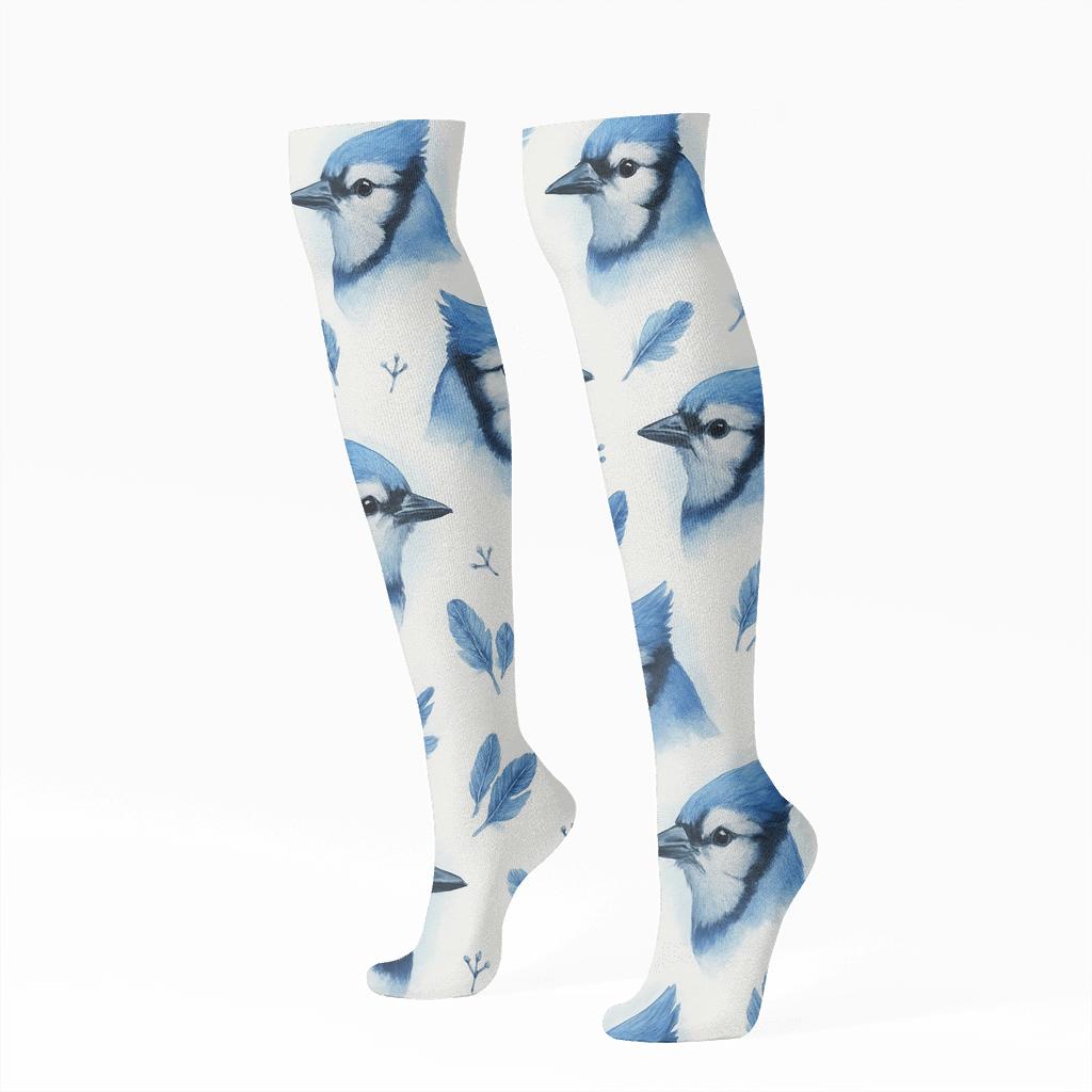 Blue Jay Crest Portrait Scatter On White Background trendy patterned knee-high socks