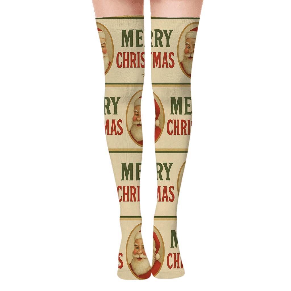 Vintage Poster Santa For Christmas Stripe Bands designer print over-the-knee socks