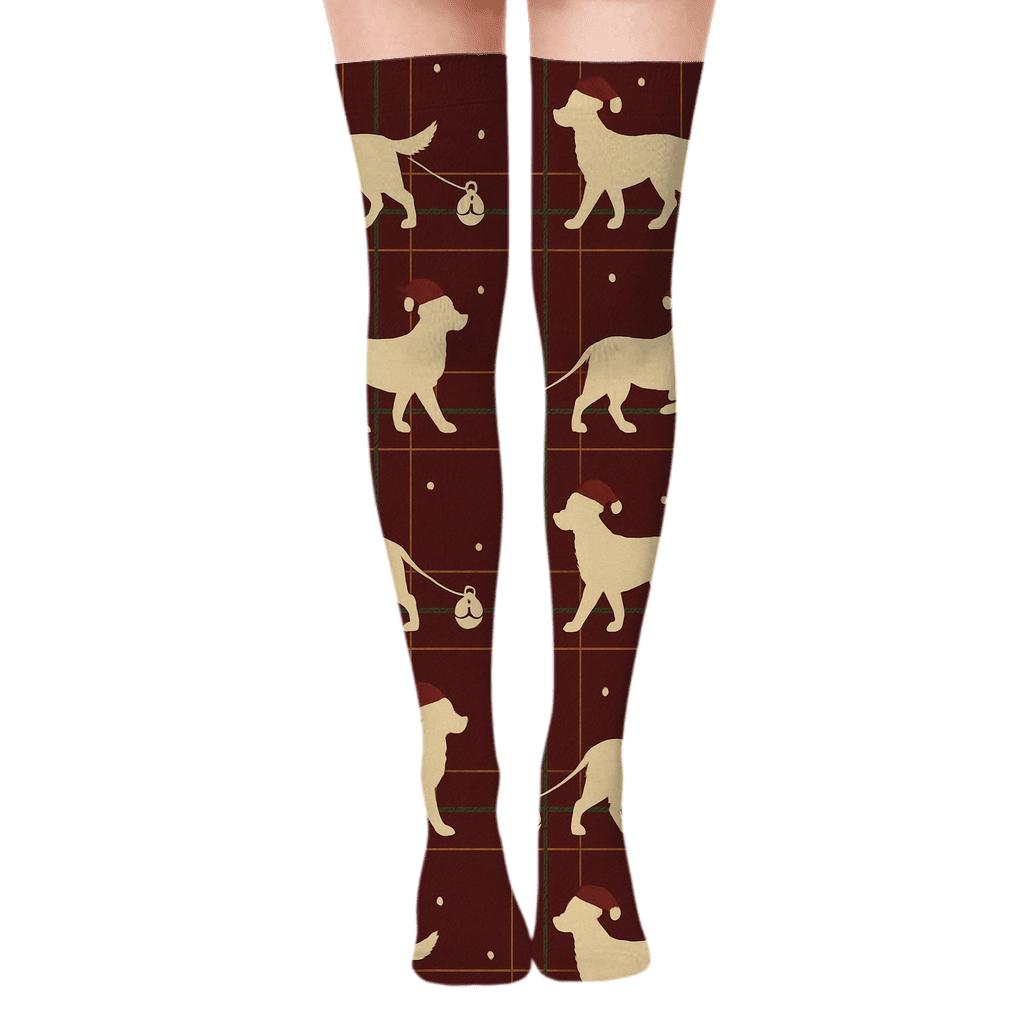 Dog Sleigh Bell Plaid Repeat On Burgundy Background premium cozy over-the-knee socks