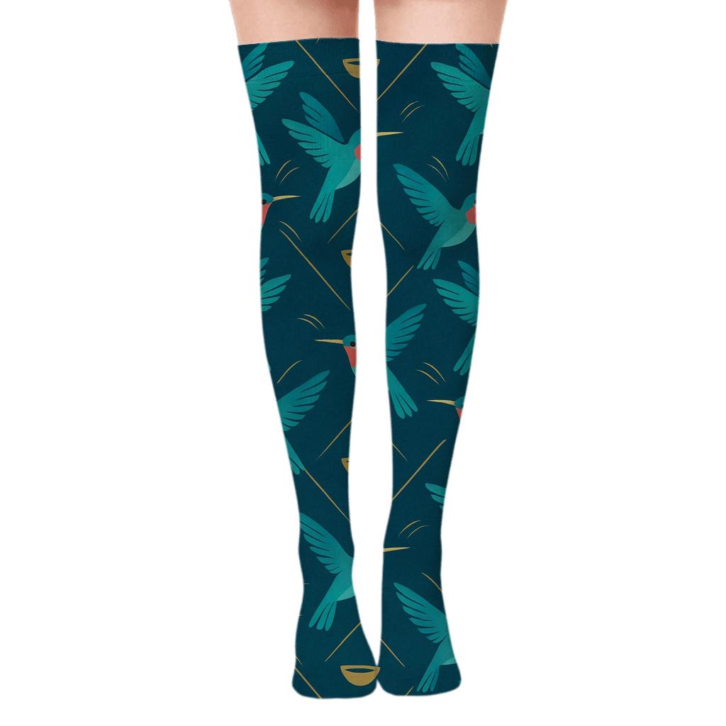 Hummingbird Wingbeat Chevron On Teal Background premium cozy over-the-knee socks