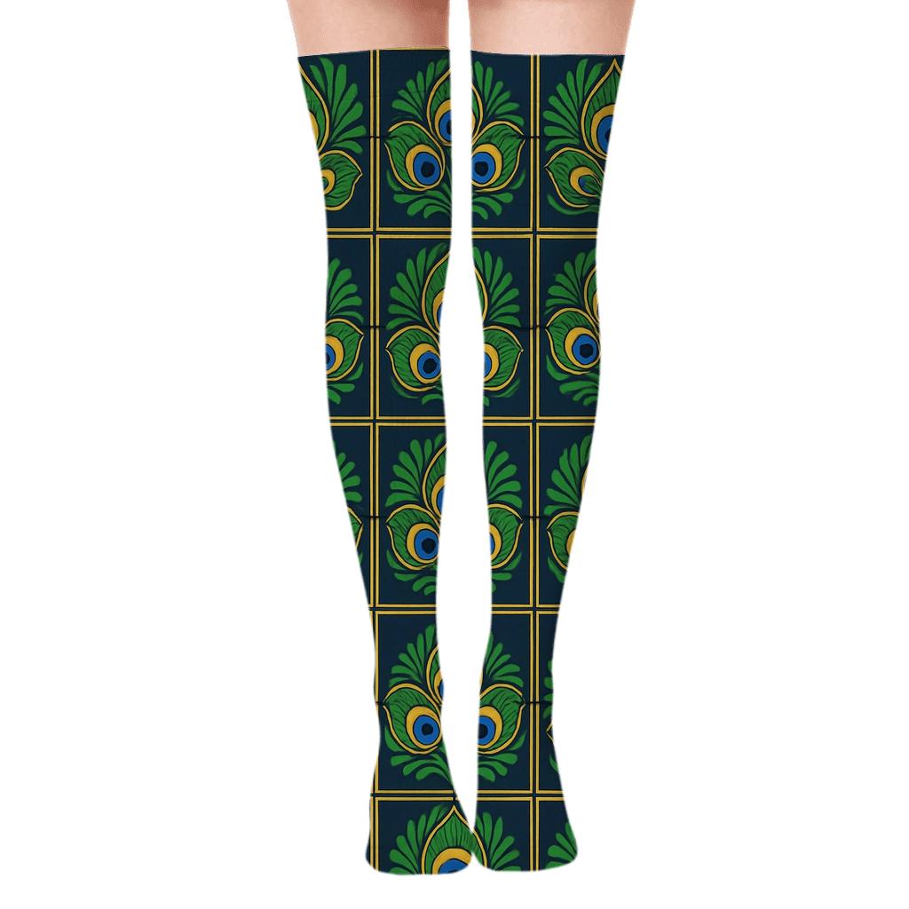 Peacock Eye Feather Medallion Tiles On Navy Blue Background custom over-the-knee socks