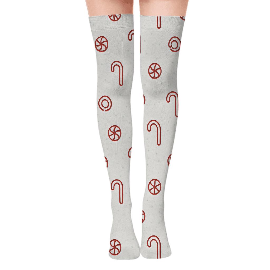 Sugar Dust Texture With Candy Canes Micro Icons premium cozy over-the-knee socks