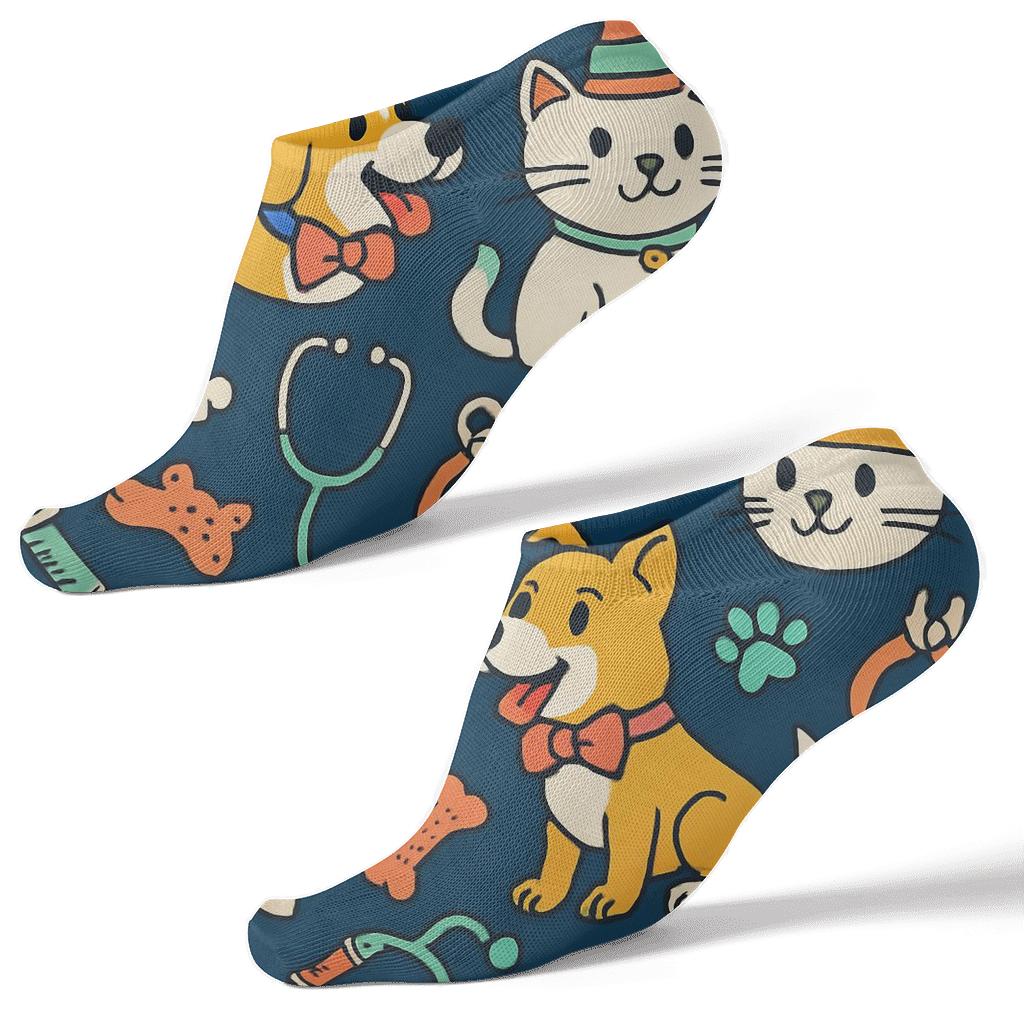Pet Party Icons With Veterinarian Tools In Bold Cartoon Grid designer print ankle socks