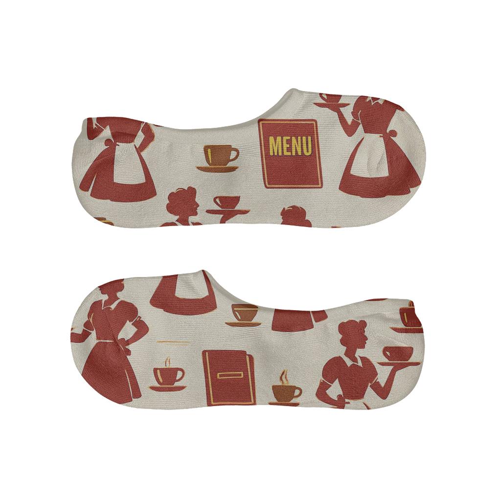 Menu Board Lattice With Waitress Silhouettes designer print no-show socks