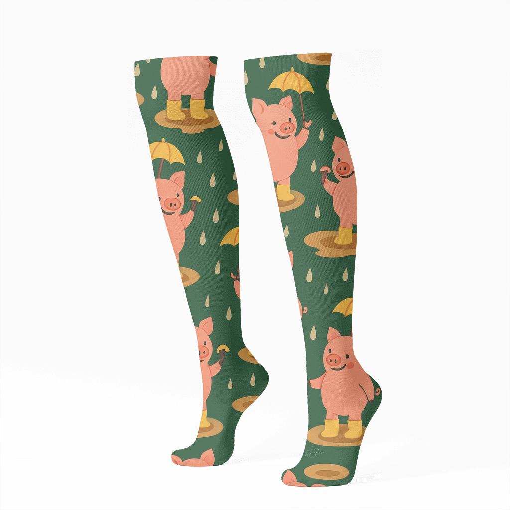 Barnyard Umbrellas With Pig Parade designer print knee-high socks
